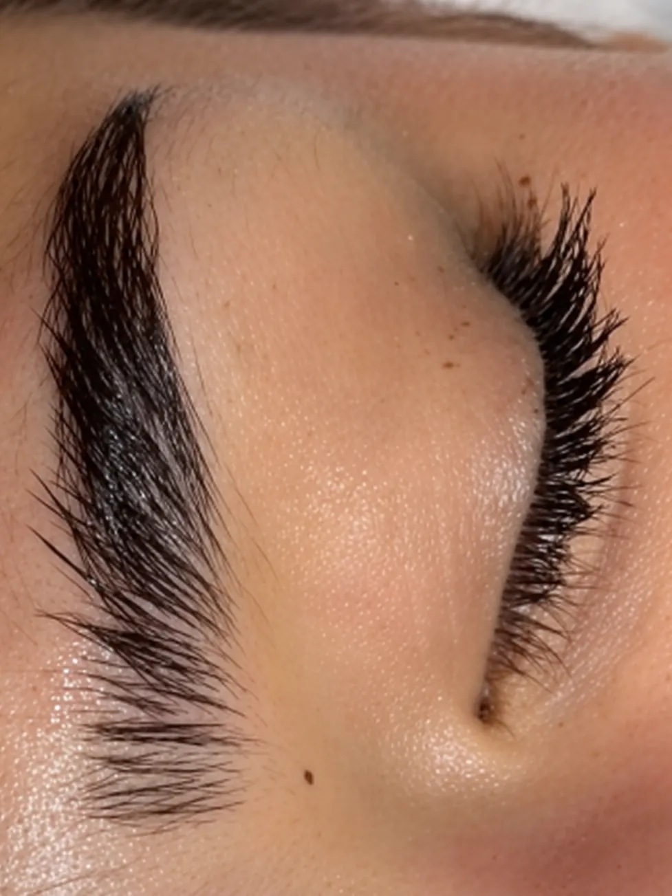 Œil fermé de profil, cils noirs denses et sourcil brun