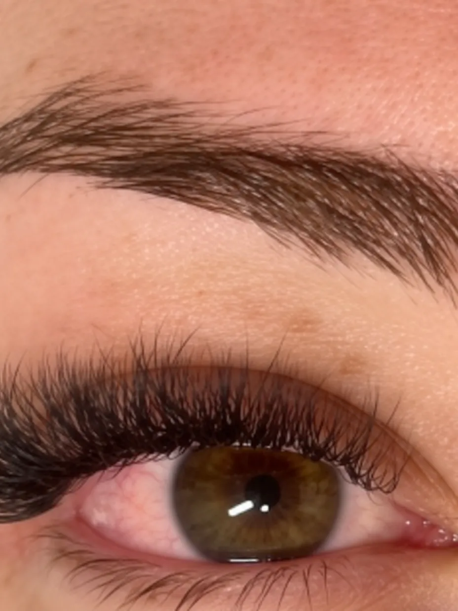 Œil brun regardant vers le bas, cils noirs épais et sourcil brun